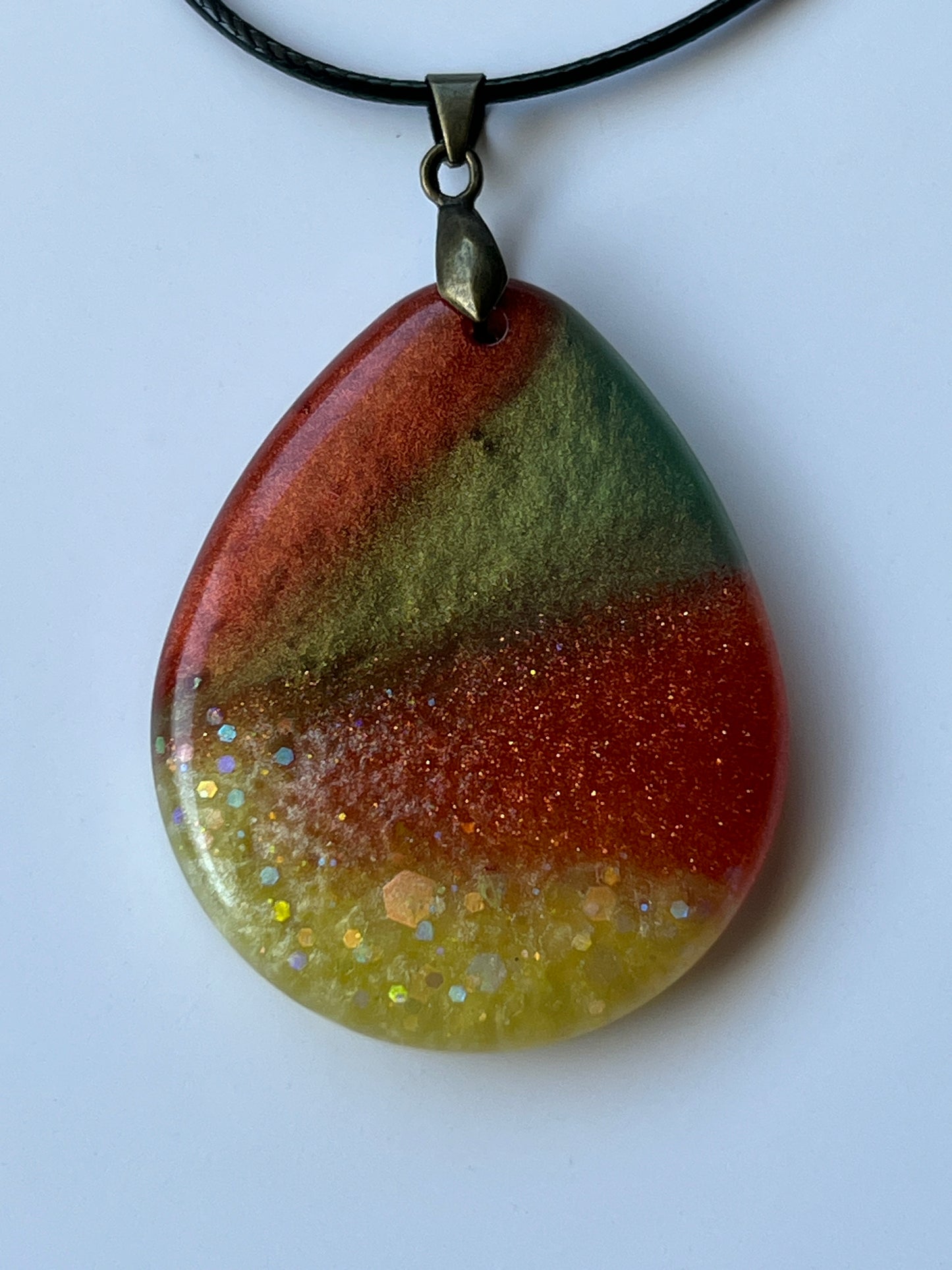Autumn Harvest — Forest Green, Rust & Gold Resin Pendant