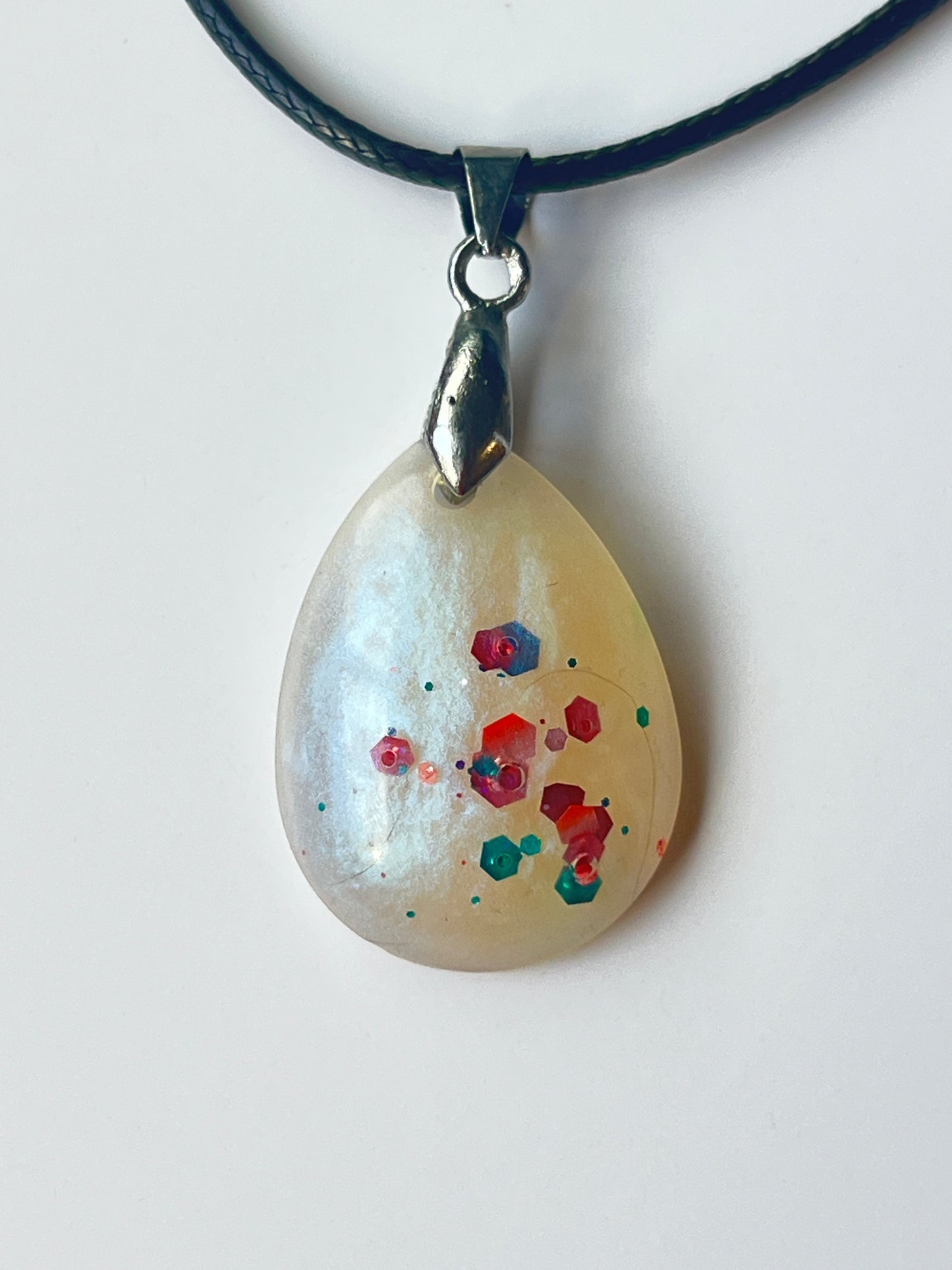 Pearl & Confetti — White Opal & Multicolor Glitter Resin Pendant