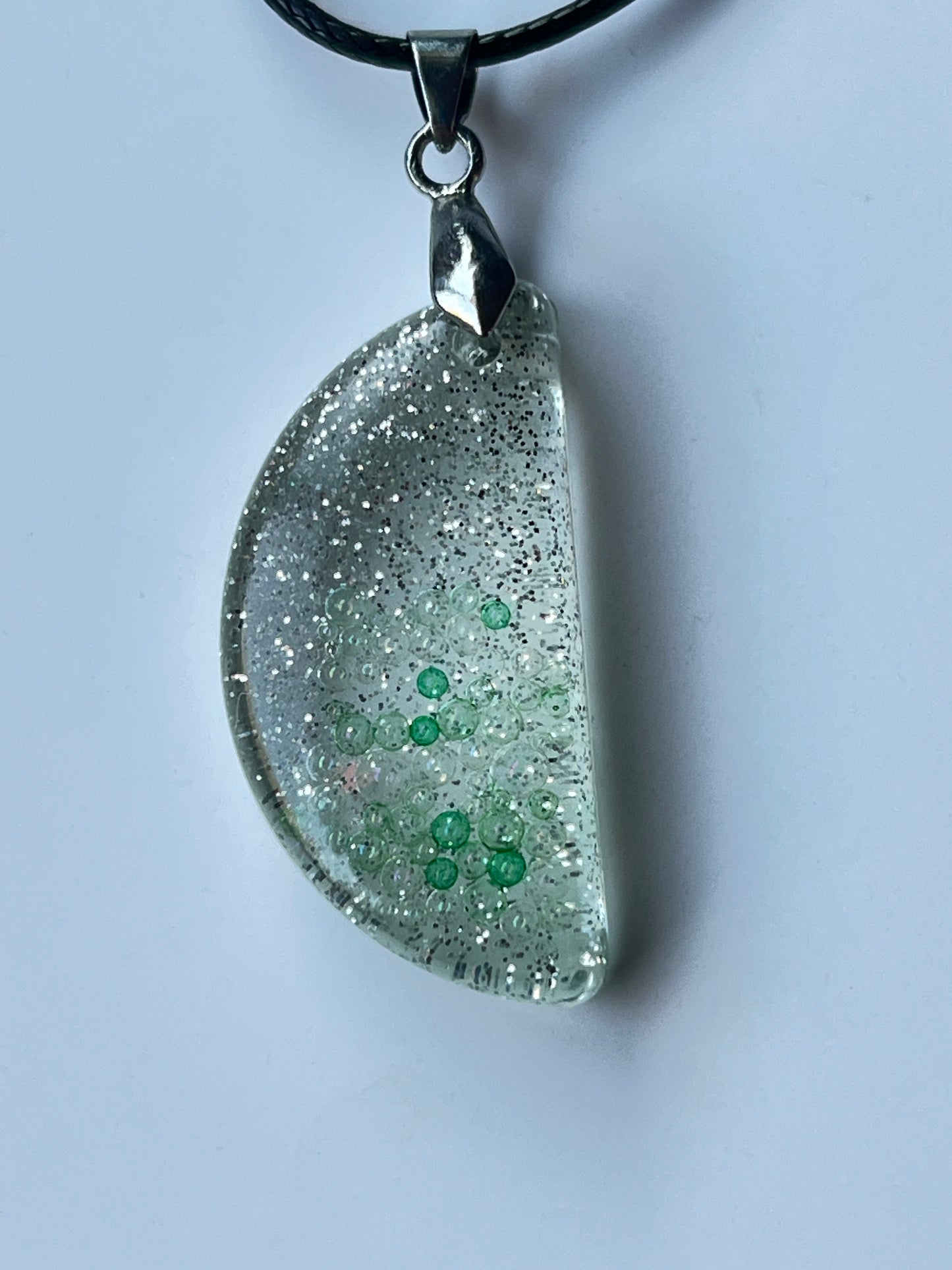 Emerald Wishes — Silver & Green Bubble Half Moon Resin Pendant