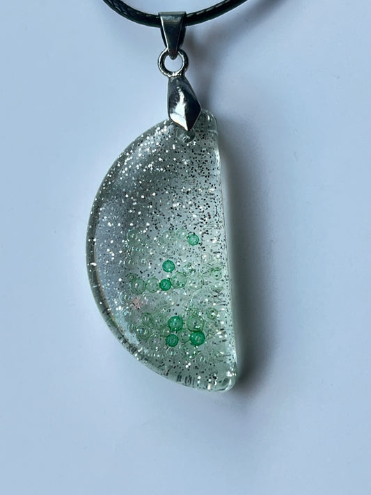 Emerald Wishes — Silver & Green Bubble Half Moon Resin Pendant