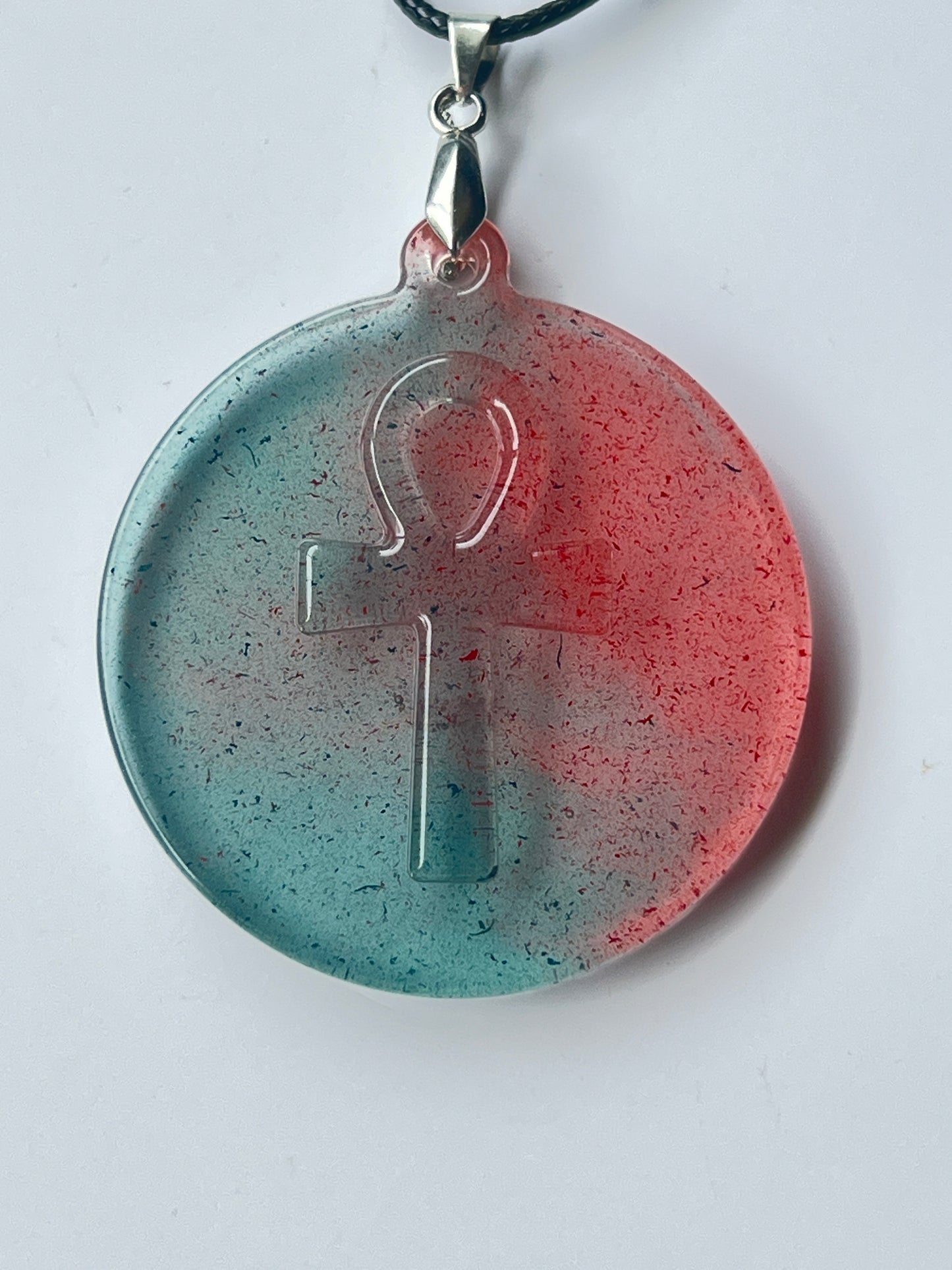 Ankh of Duality — Teal & Coral Circle Resin Pendant
