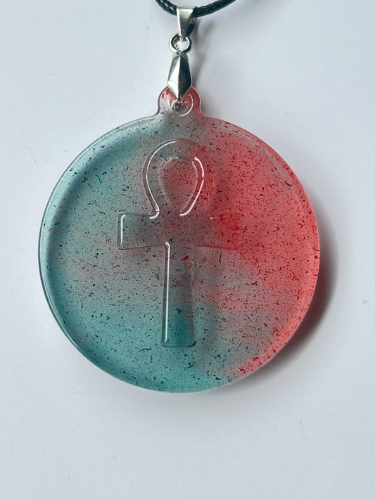Ankh of Duality — Teal & Coral Circle Resin Pendant