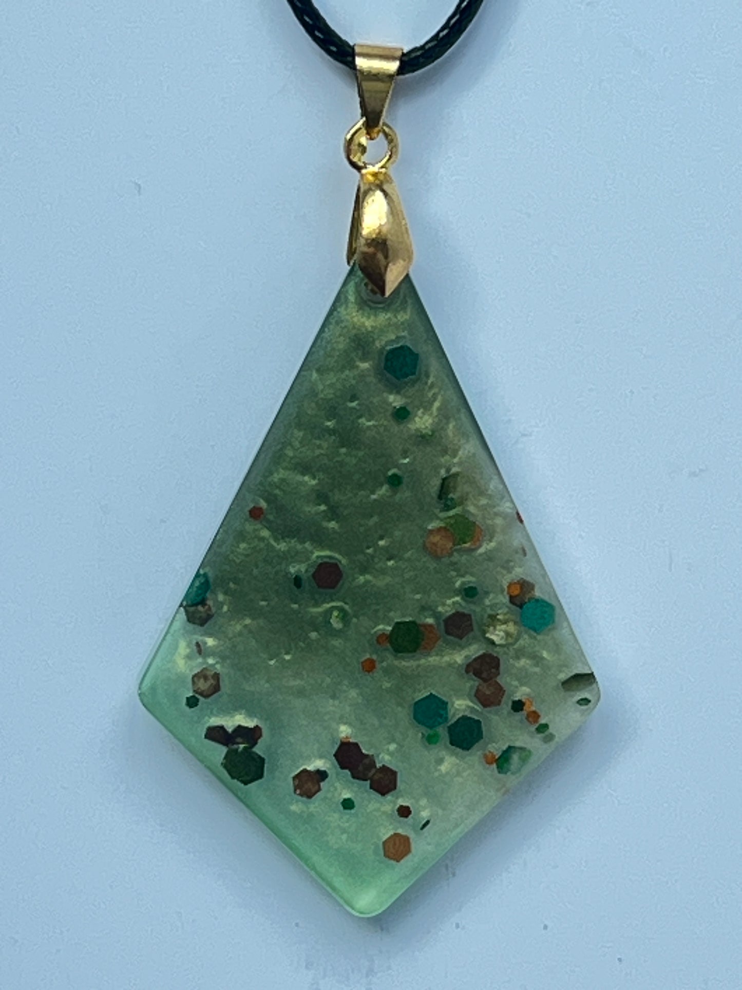 Sea Glass Diamond — Frosted Celadon & Multicolor Glitter Resin Pendant