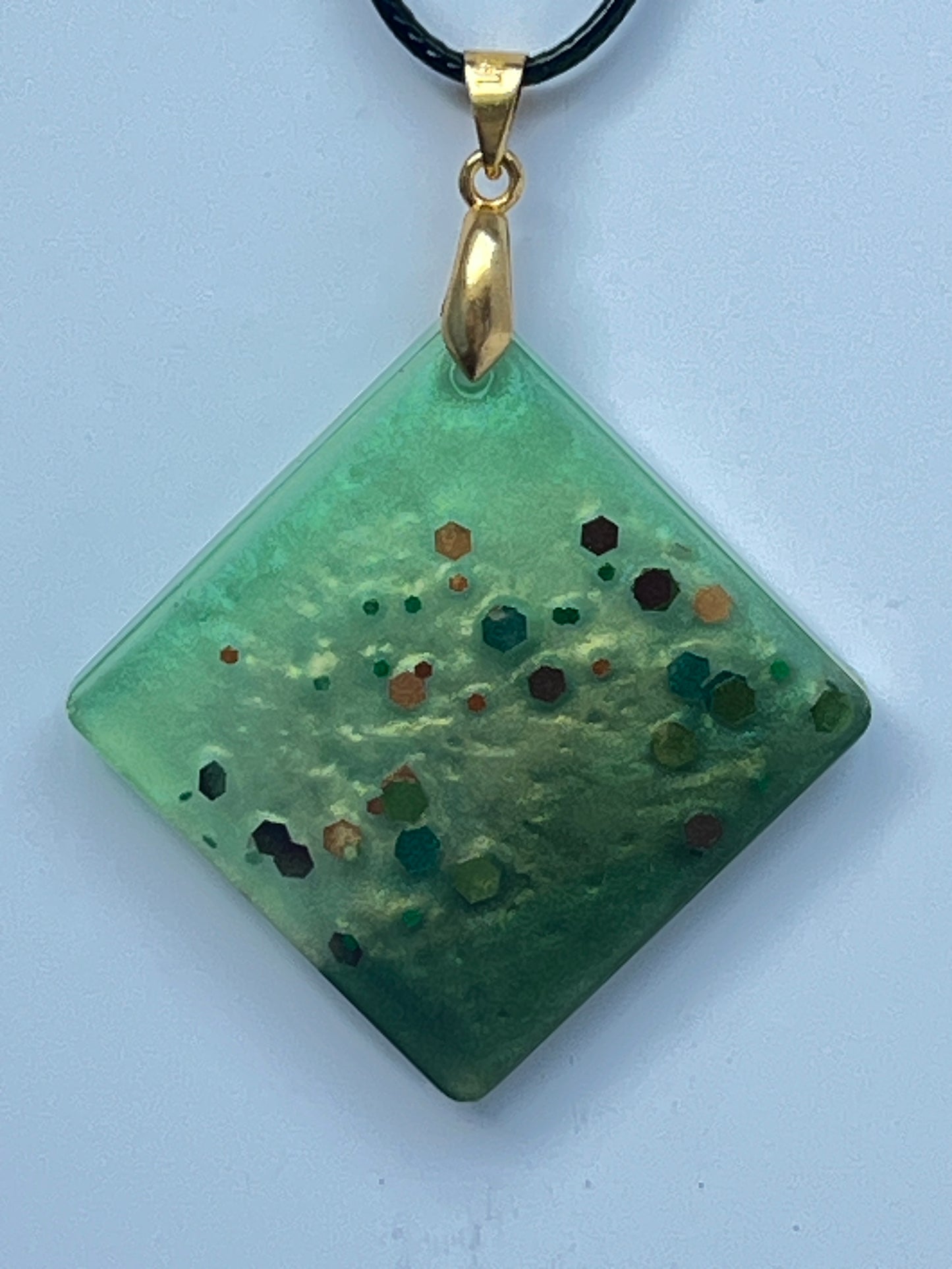 Moss & Ember — Celadon Green & Multicolor Glitter Resin Pendant