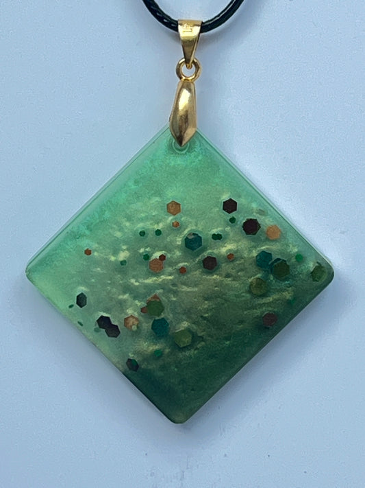 Moss & Ember — Celadon Green & Multicolor Glitter Resin Pendant