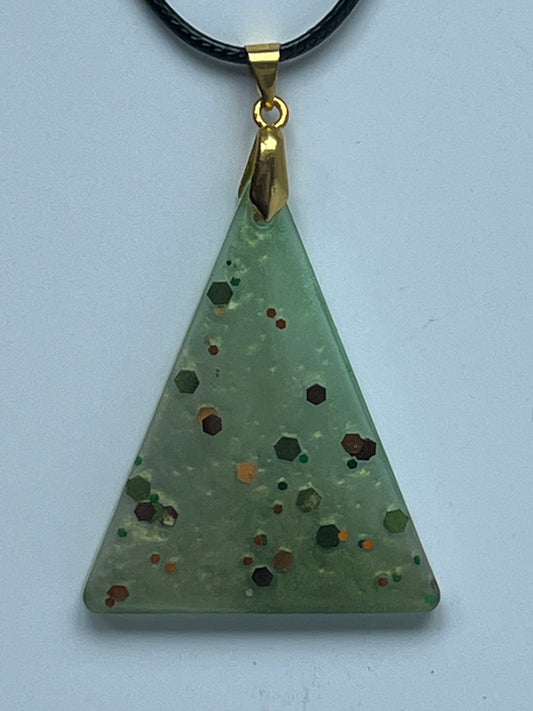 Jade Pyramid — Frosted Celadon & Earthy Glitter Resin Pendant