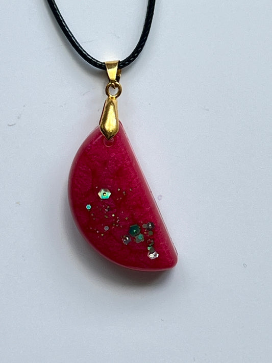 Watermelon Moon — Rose Red & Iridescent Resin Pendant