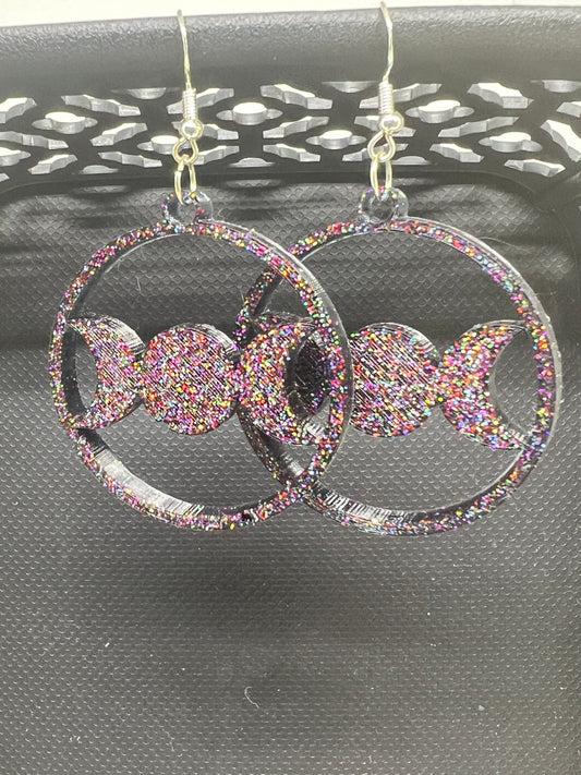 Glittering Triple Moon Goddess Earrings
