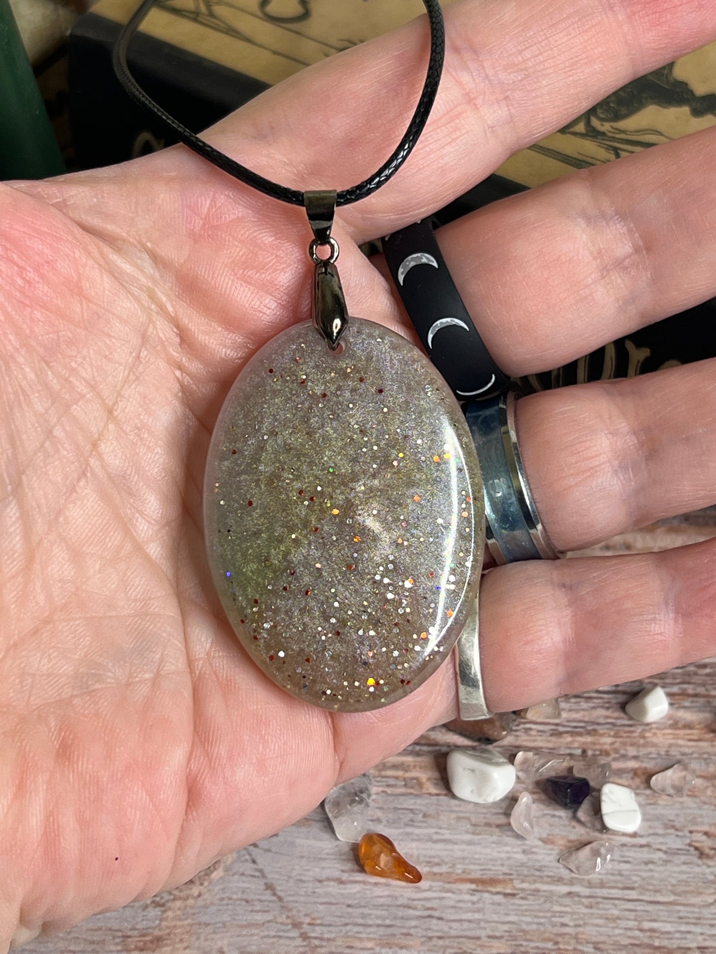 Earthlight Halo Pendant | Soft Greens & Subtle Stardust