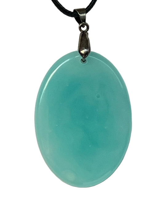 Handcrafted oval resin pendant with soft aqua and milky white wisps and natural bubble inclusions, suspended from a silver chain with a silver-toned bail.