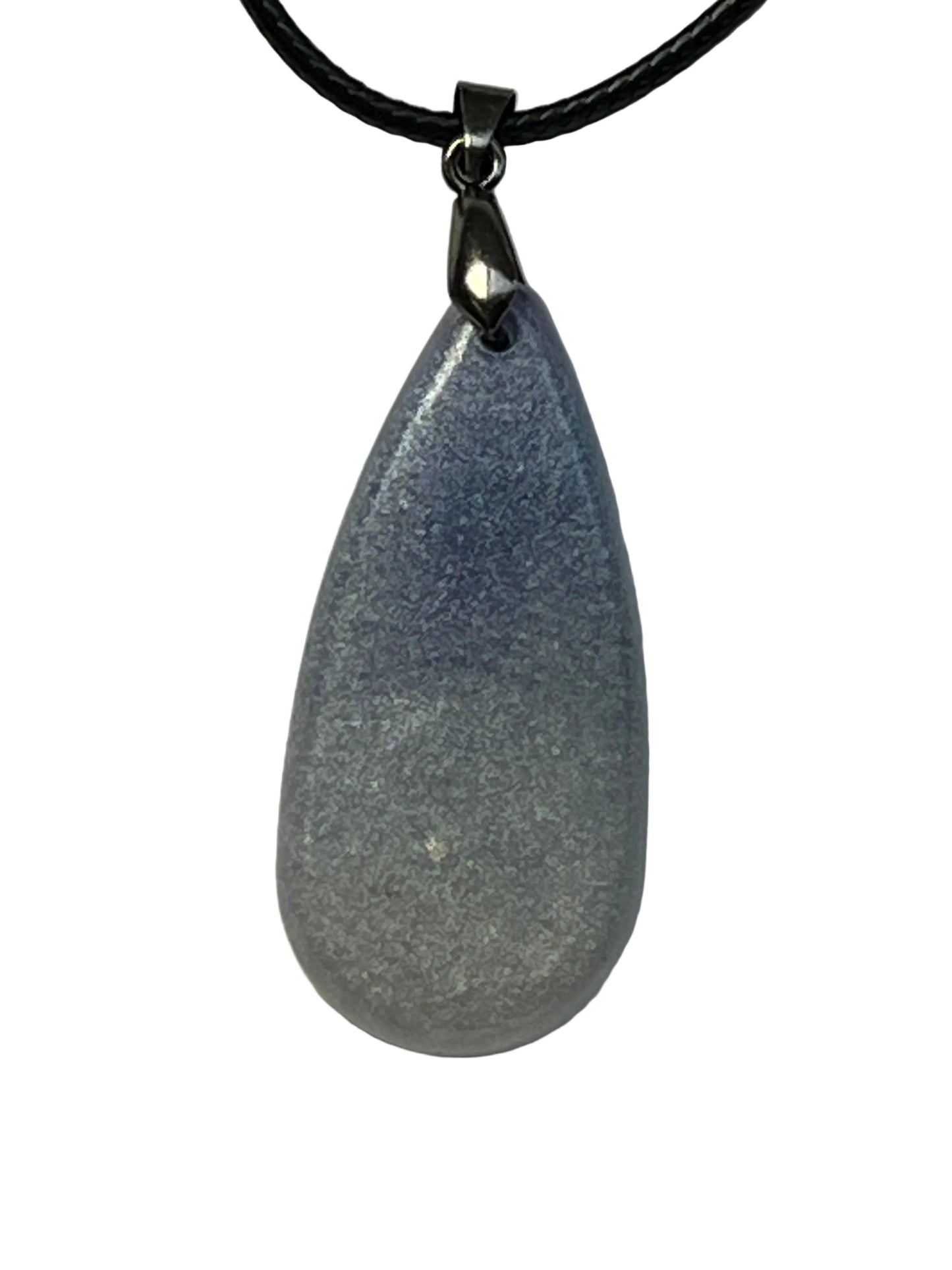 Handcrafted resin elongated teardrop pendant with soft periwinkle blue-grey fading to pale pearl white-grey with fine silver shimmer throughout, suspended from a black braided cord with a gunmetal bail.