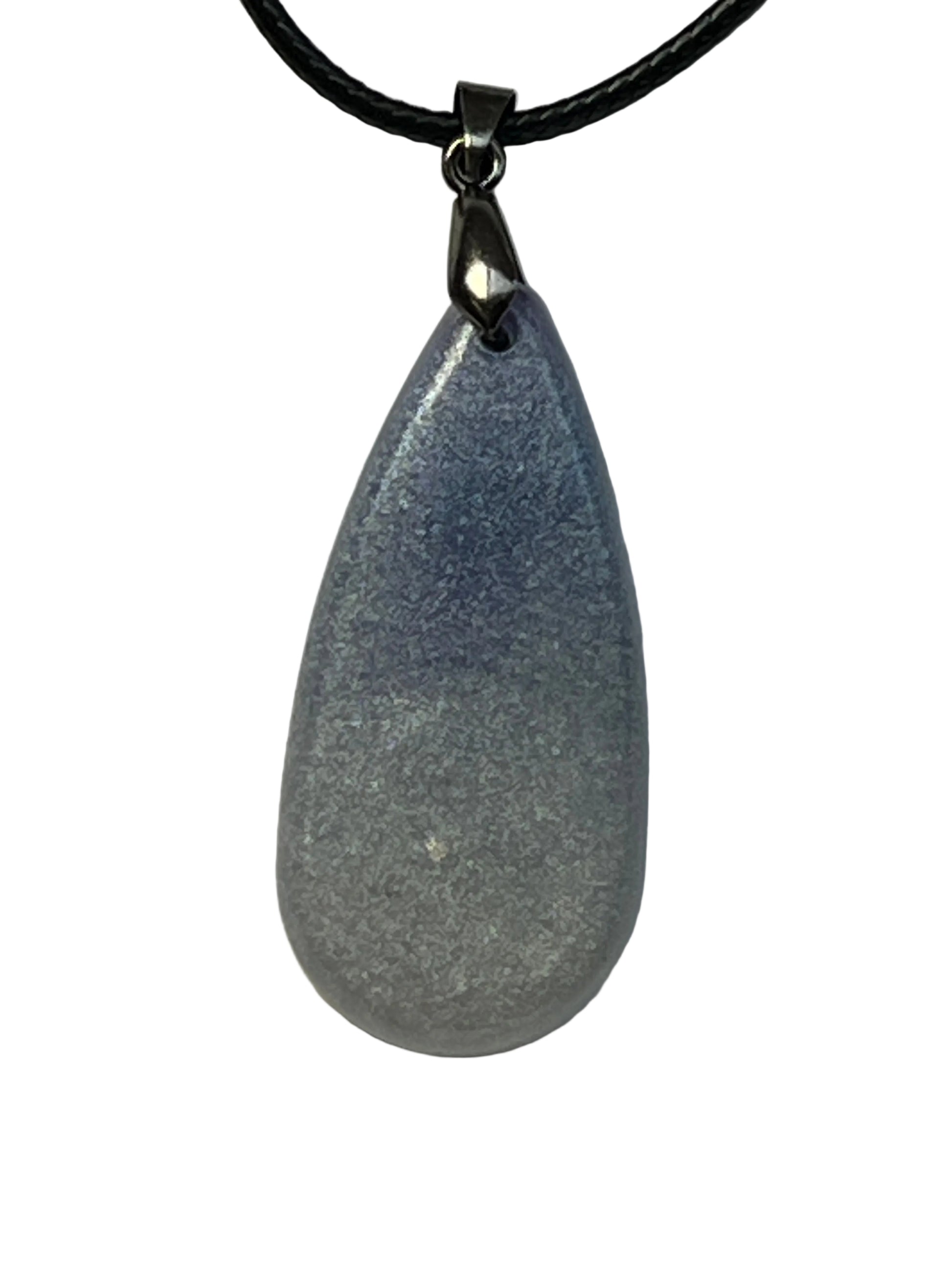 Handcrafted resin elongated teardrop pendant with soft periwinkle blue-grey fading to pale pearl white-grey with fine silver shimmer throughout, suspended from a black braided cord with a gunmetal bail.