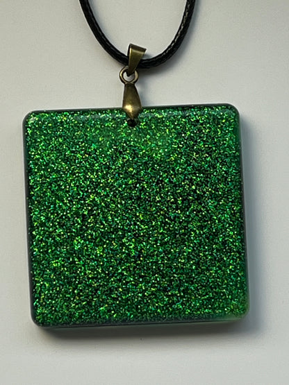 Verdant Grimoire — Green Glitter Square Resin Pendant