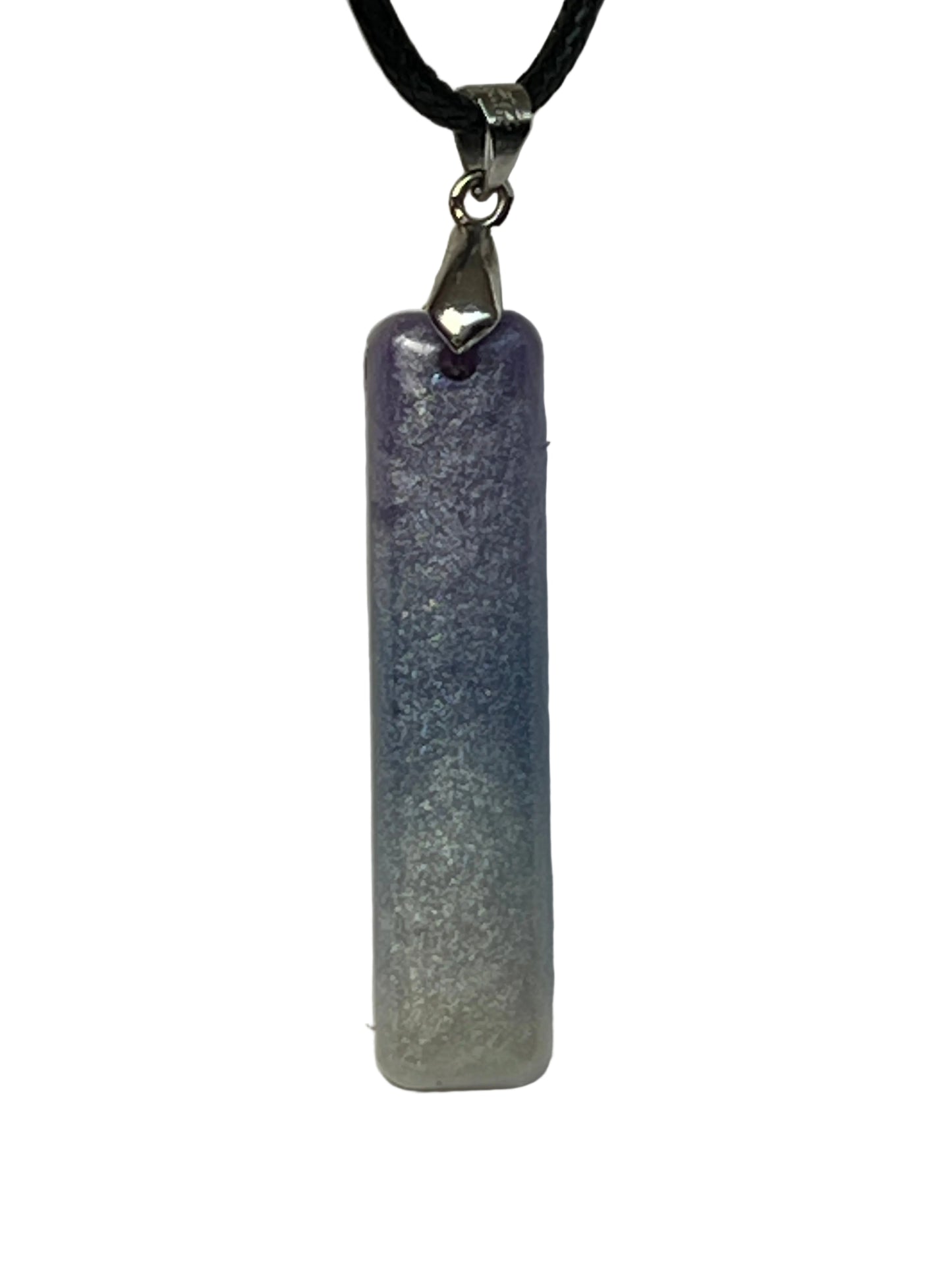 Handcrafted resin elongated bar pendant with soft amethyst purple at the top fading through periwinkle into luminous silver-white at the base with fine pearlescent shimmer throughout, suspended from a black braided cord with a silver-toned bail.