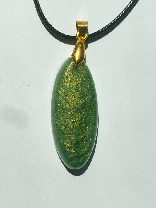 Golden Leaf — Olive Green & Gold Resin Pendant