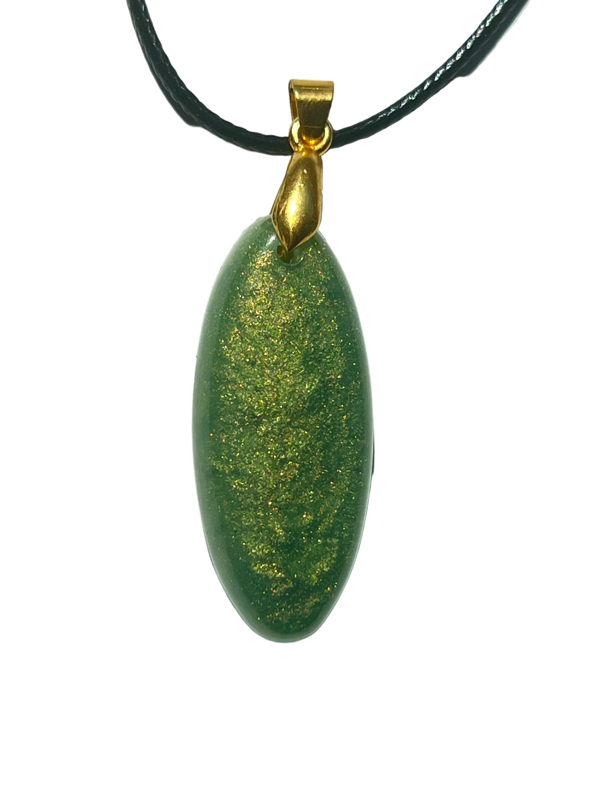 Handcrafted deep olive and sage green resin elongated oval pendant with sweeping fine gold shimmer throughout creating warm amber and chartreuse flashes, suspended from a black braided cord with a gold-toned bail.