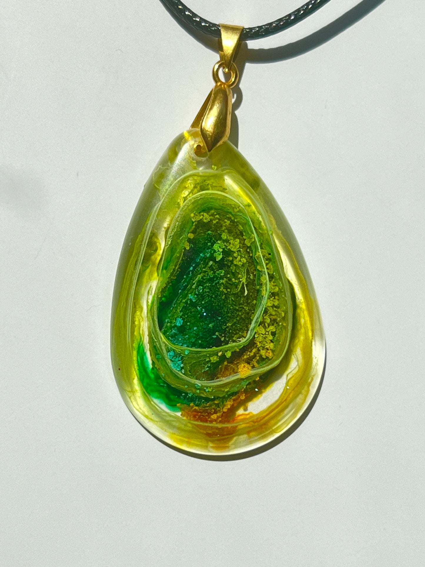 Golden Geode — Green & Gold Crystal Resin Pendant