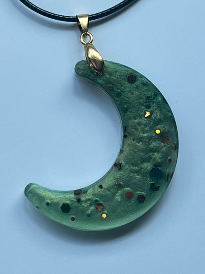 Forest Moon — Moss Green Crescent Resin Pendant