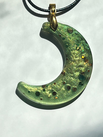 Forest Moon — Moss Green Crescent Resin Pendant