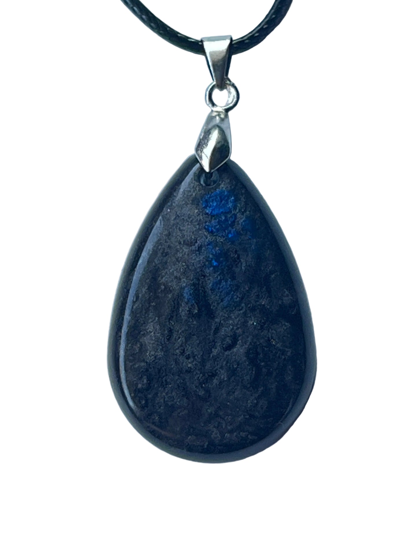 Handcrafted deep charcoal and midnight black resin wide teardrop pendant with rich organic texture and two vivid electric cobalt blue accent points, suspended from a black braided cord with a silver-toned bail.