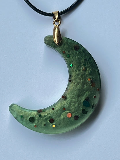Forest Moon — Moss Green Crescent Resin Pendant