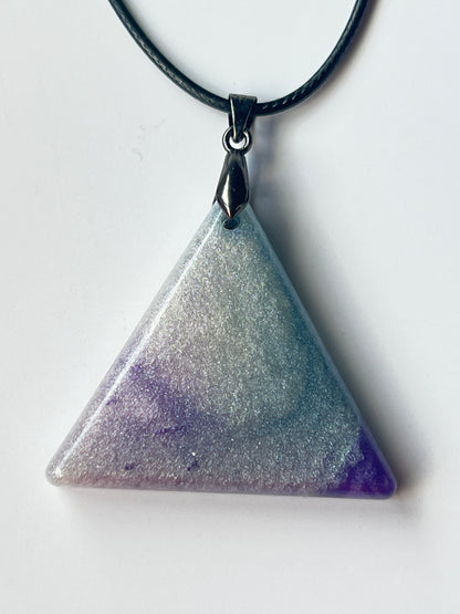 Sacred Pyramid — Silver Shimmer & Amethyst Resin Pendant