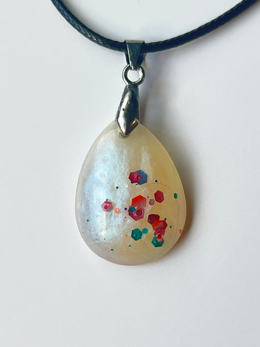 Pearl & Confetti — White Opal & Multicolor Glitter Resin Pendant
