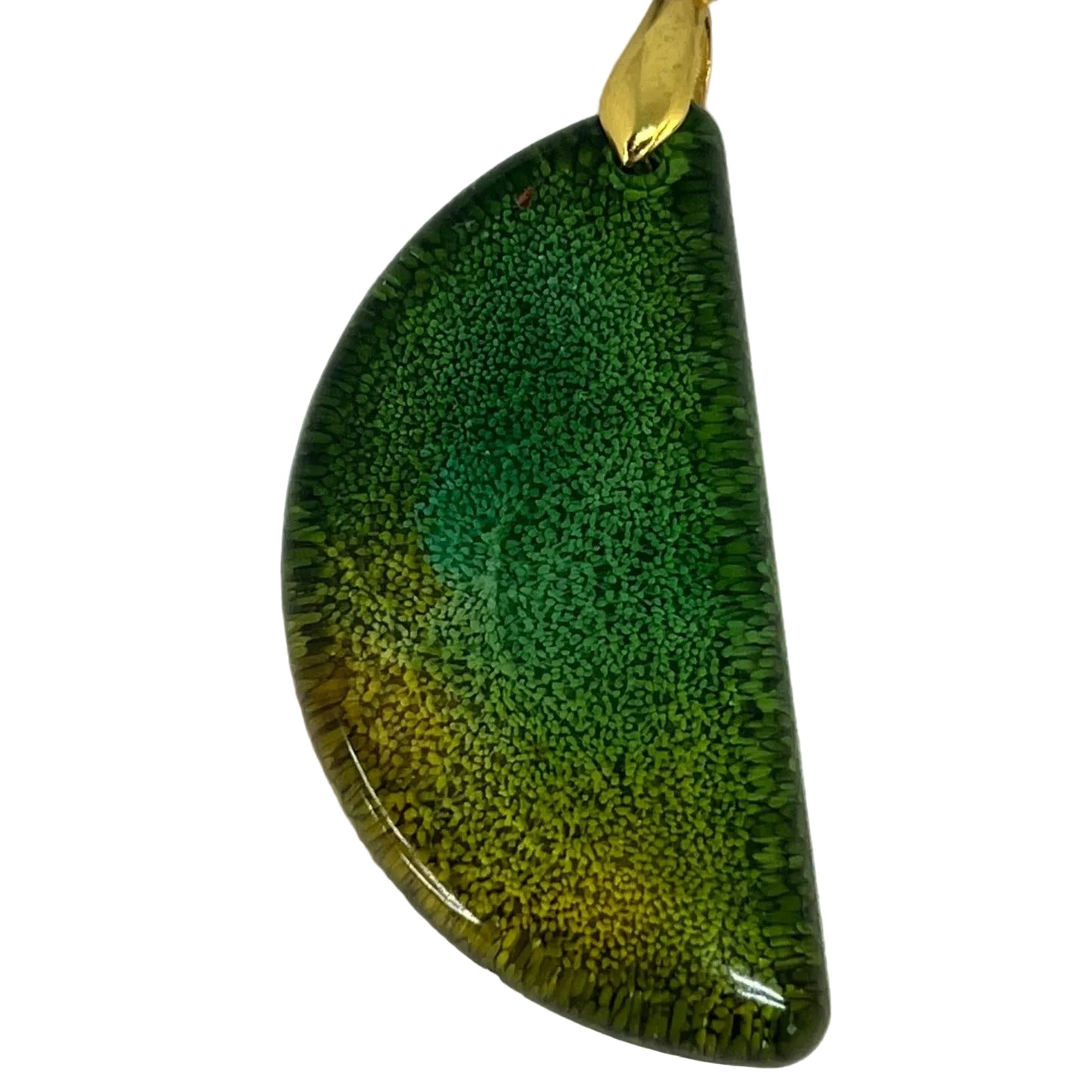 Handcrafted resin half moon pendant with deep forest green upper field transitioning into luminous golden yellow at the curved base with rich organic texture throughout, suspended from a black braided cord with a gold-toned bail.