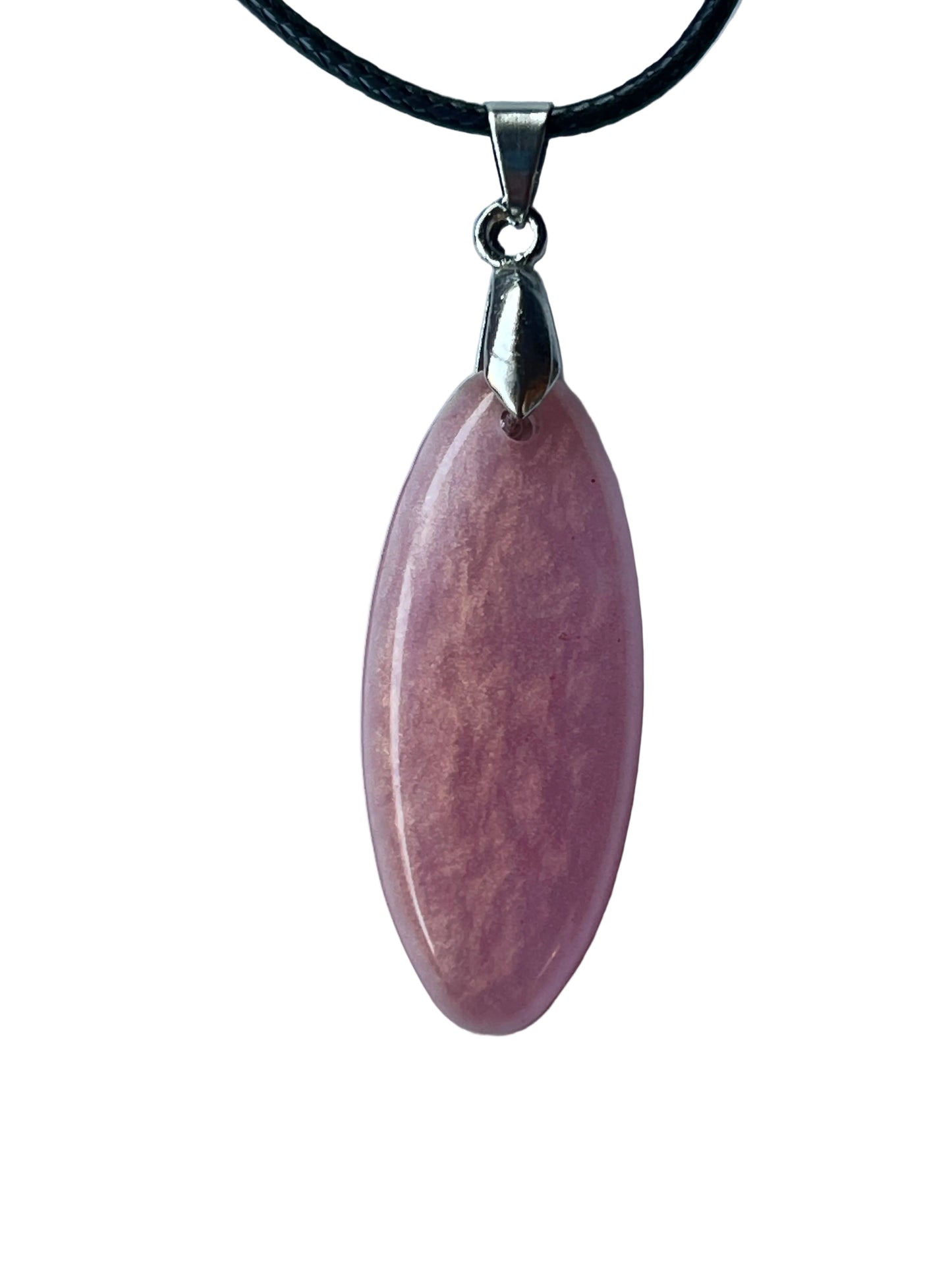 Handcrafted rich opaque dusty rose-pink resin elongated marquise pendant with subtle organic mineral color variation throughout and a high-gloss deeply domed cabochon finish, suspended from a black braided cord with a silver-toned bail.

