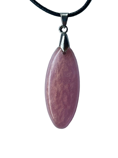 Handcrafted rich opaque dusty rose-pink resin elongated marquise pendant with subtle organic mineral color variation throughout and a high-gloss deeply domed cabochon finish, suspended from a black braided cord with a silver-toned bail.
