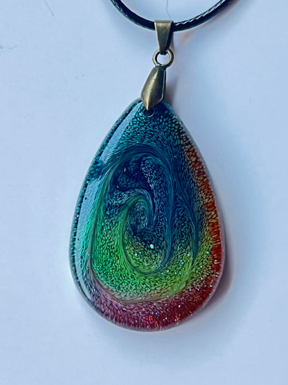 Tempest Wave — Rainbow & Teal Swirl Resin Pendant