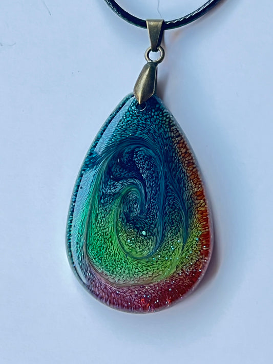 Tempest Wave — Rainbow & Teal Swirl Resin Pendant