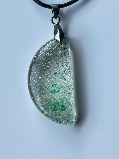 Emerald Wishes — Silver & Green Bubble Half Moon Resin Pendant