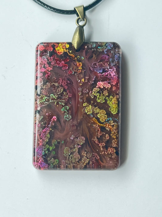 Enchanted Grove — Rainbow Bloom & Mahogany Resin Pendant