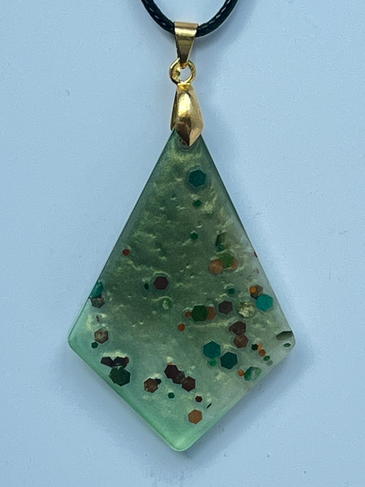Sea Glass Diamond — Frosted Celadon & Multicolor Glitter Resin Pendant