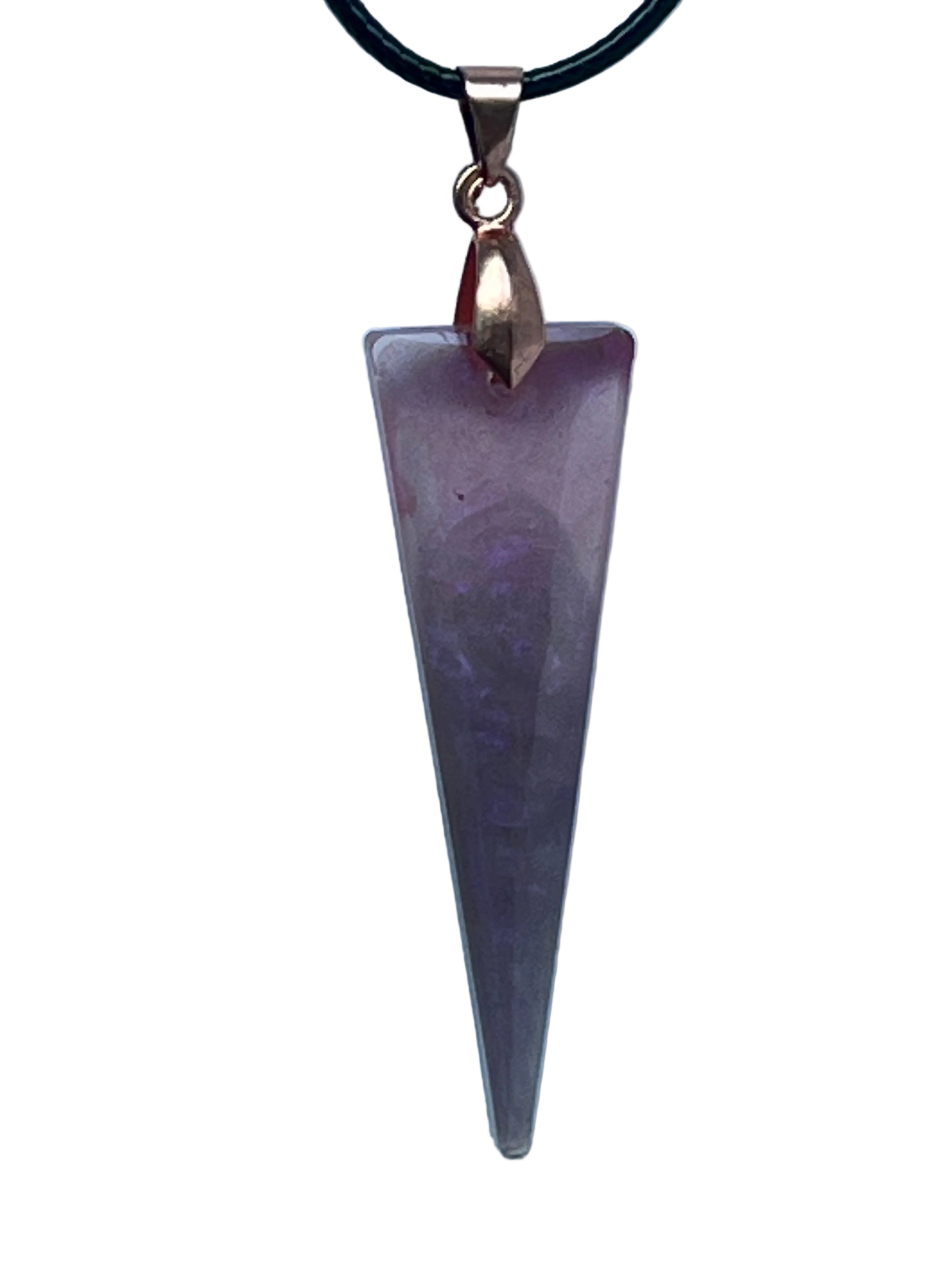 Handcrafted semi-translucent smoky purple resin elongated spike pendant with interior swirls of deeper violet and amethyst, suspended from a black braided cord with a rose gold bail.