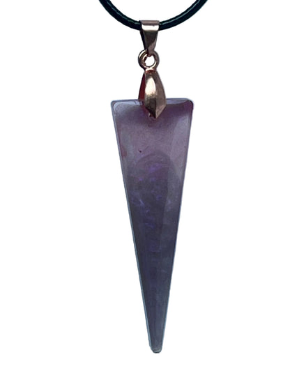 Handcrafted semi-translucent smoky purple resin elongated spike pendant with interior swirls of deeper violet and amethyst, suspended from a black braided cord with a rose gold bail.