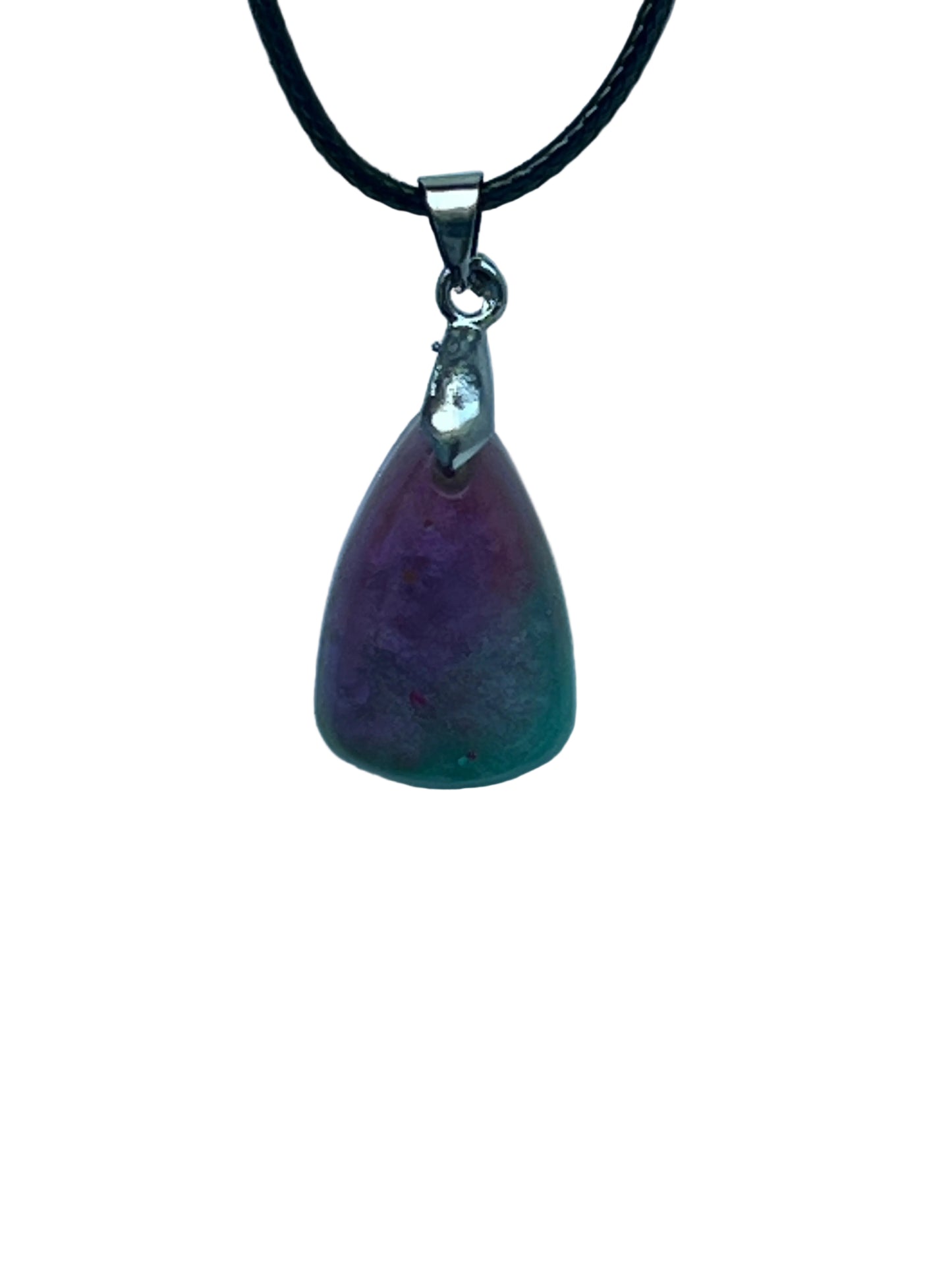 Handcrafted frosted semi-translucent resin small rounded teardrop pendant with rich smoky violet-purple upper portion transitioning to cool muted teal-green base, suspended from a black braided cord with a silver-toned bail.