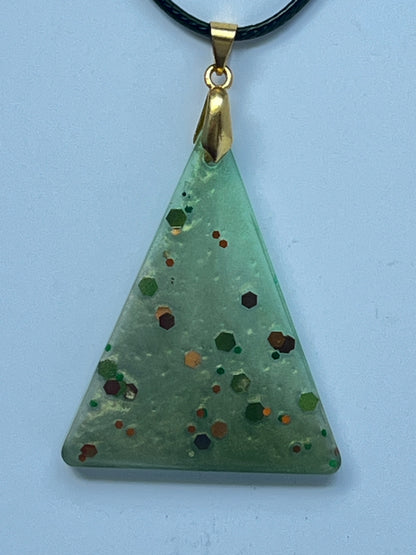 Jade Pyramid — Frosted Celadon & Earthy Glitter Resin Pendant
