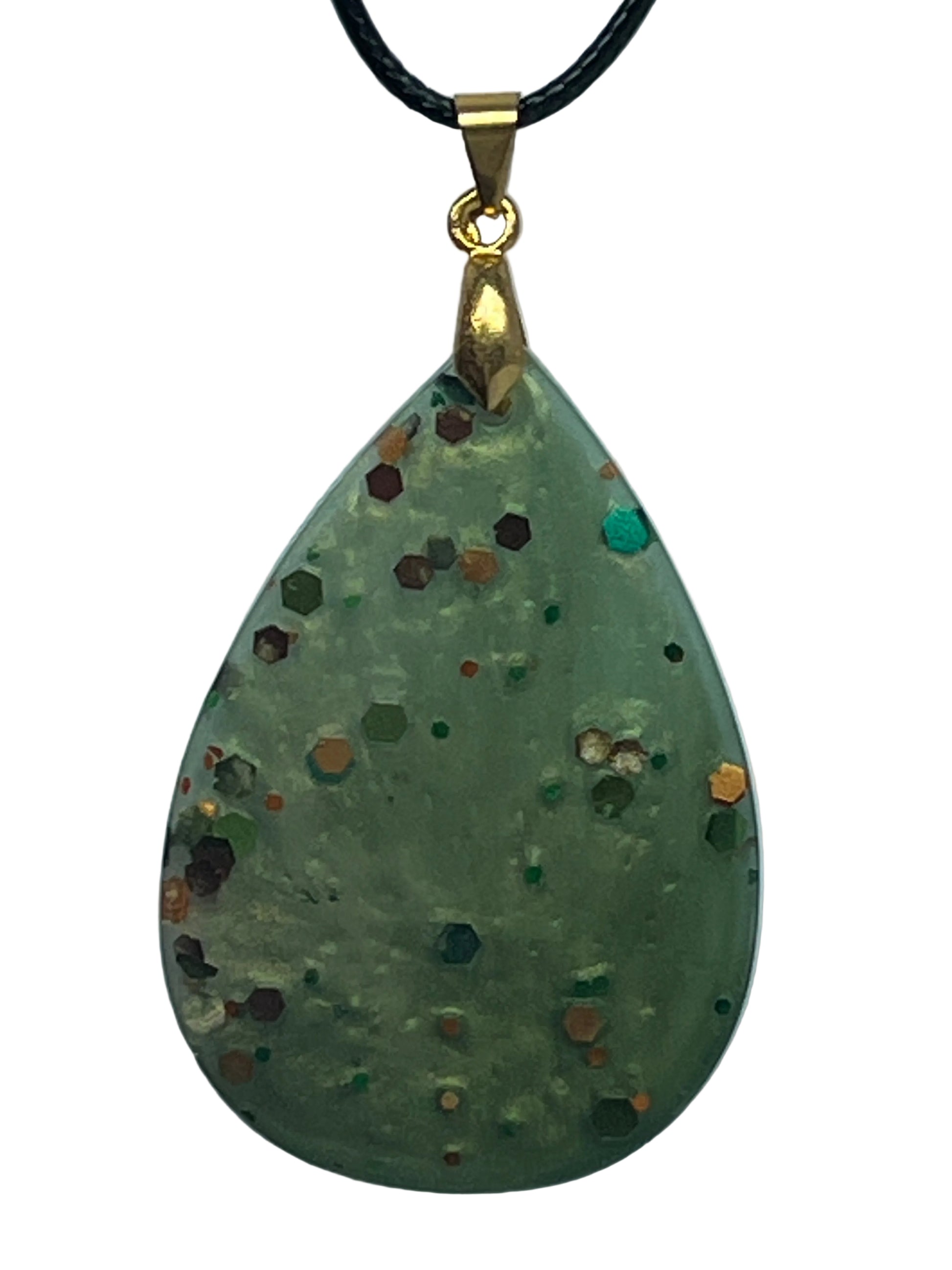 Handcrafted soft pearlescent sage green resin large teardrop pendant with bold scattered hexagonal glitter pieces in deep burgundy, burnt orange, copper, forest green, teal, and warm gold, suspended from a black braided cord with a gold-toned bail.
