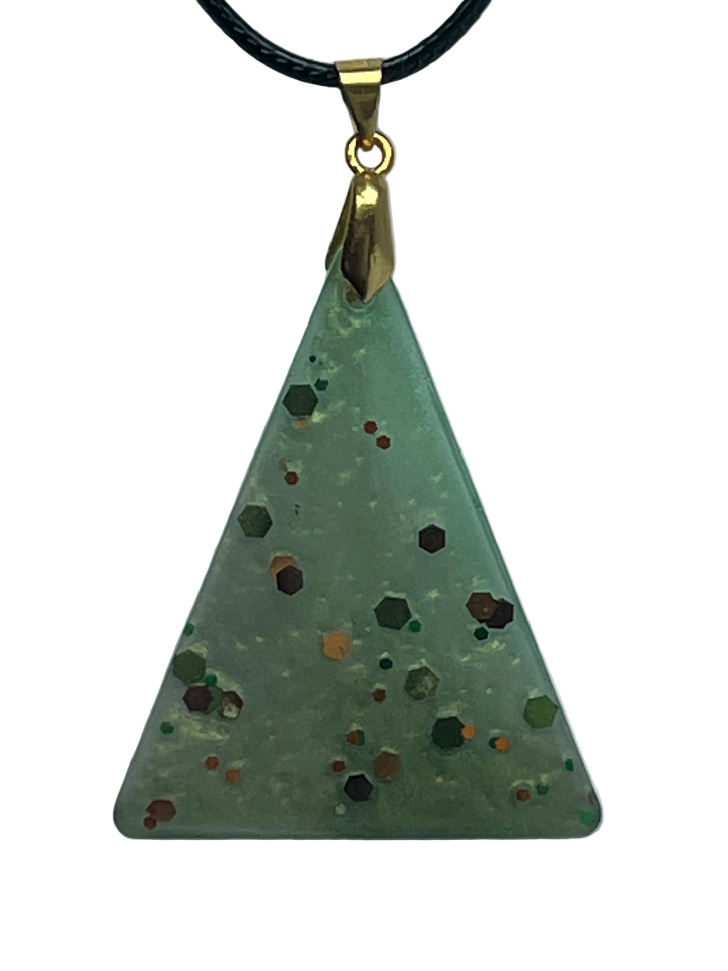 Handcrafted frosted semi-translucent celadon resin upward-pointing triangle pendant with bold scattered hexagonal glitter in deep burgundy, burnt orange, copper, and forest green, suspended from a black braided cord with a gold-toned bail.