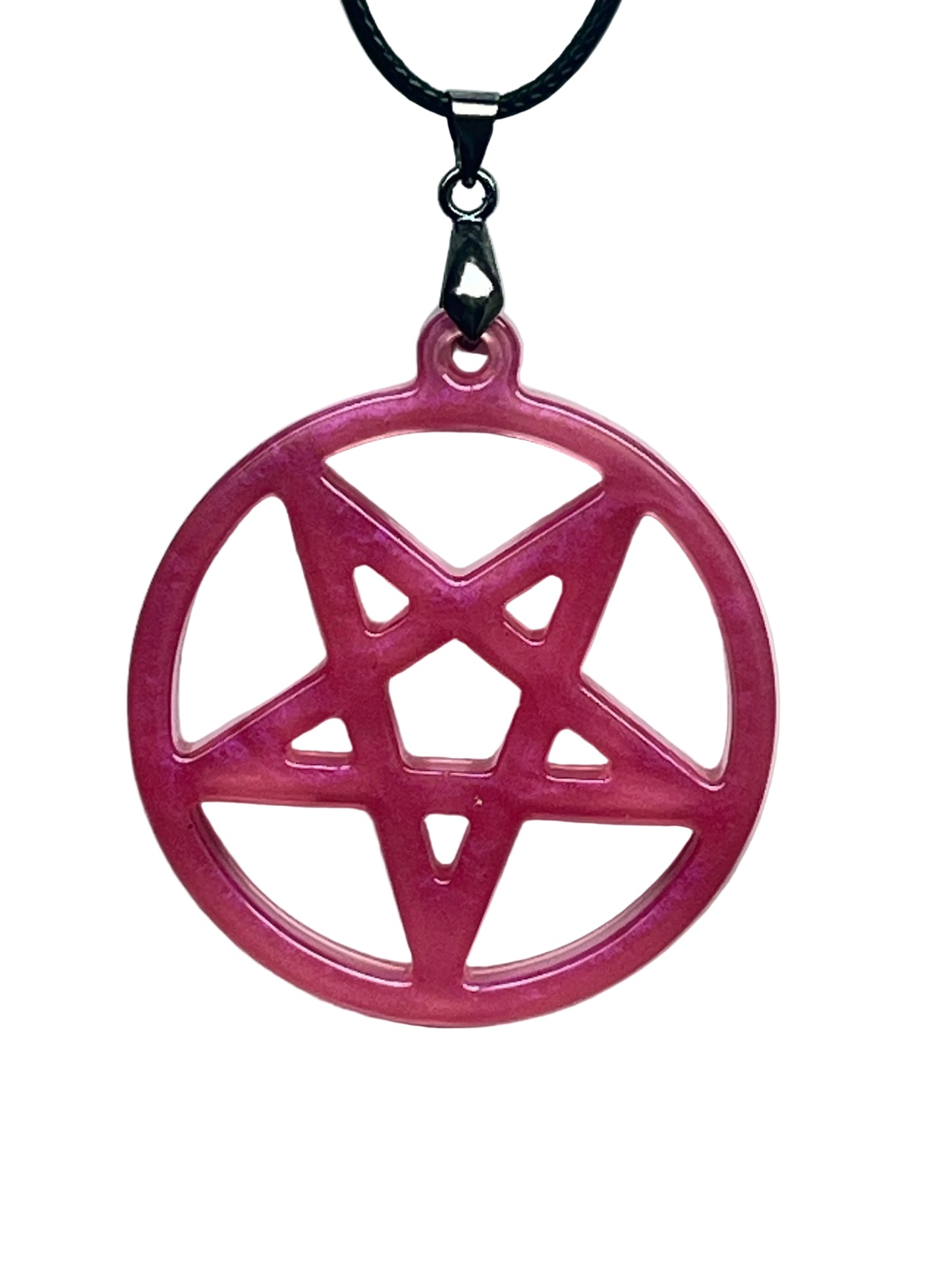 Handcrafted vivid fuchsia and deep rose pink resin large circle pendant with open cutwork inverted pentagram within an encircling ring and translucent blush interior windows, suspended from a black braided cord with a gunmetal bail.