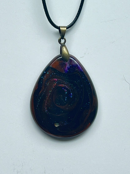 Dark Galaxy — Black, Crimson & Blue Violet Swirl Resin Pendant