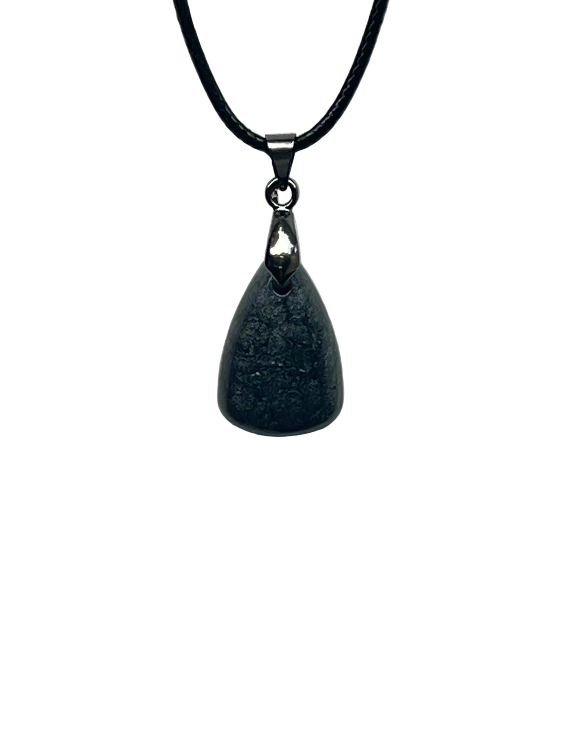A smooth teardrop-shaped resin pendant in charcoal grey with a soft, mottled, smoke-like texture and faint silvery shimmer. It hangs from a gunmetal bail on a black braided cord against a pale background.