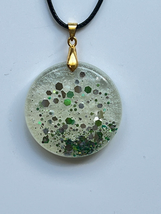 Emerald Snowfall — Clear & Green Glitter Resin Pendant