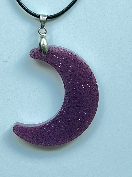 Stardust Crescent — Purple Glitter Moon Resin Pendant