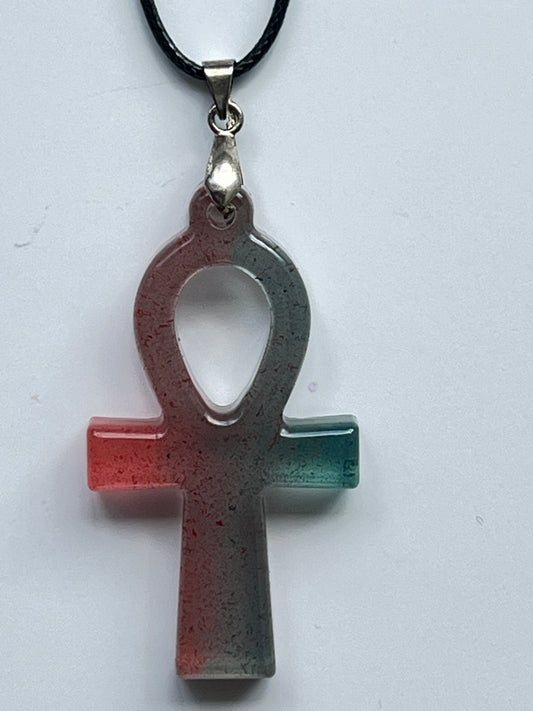 Eternal Key — Coral & Teal Ankh Resin Pendant