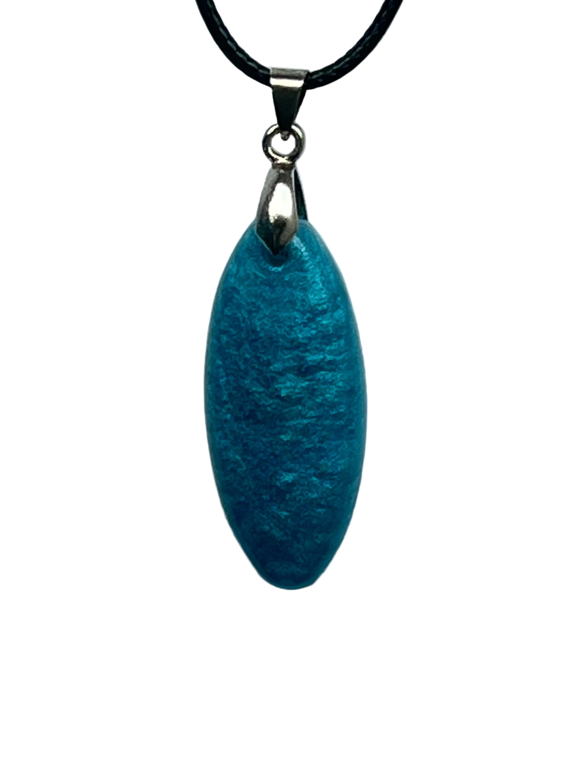 A marquise-shaped (pointed oval) resin pendant in rich turquoise blue with a soft frosted, mottled, water-like texture. It hangs from a silver-toned bail on a black braided cord against a pale background.