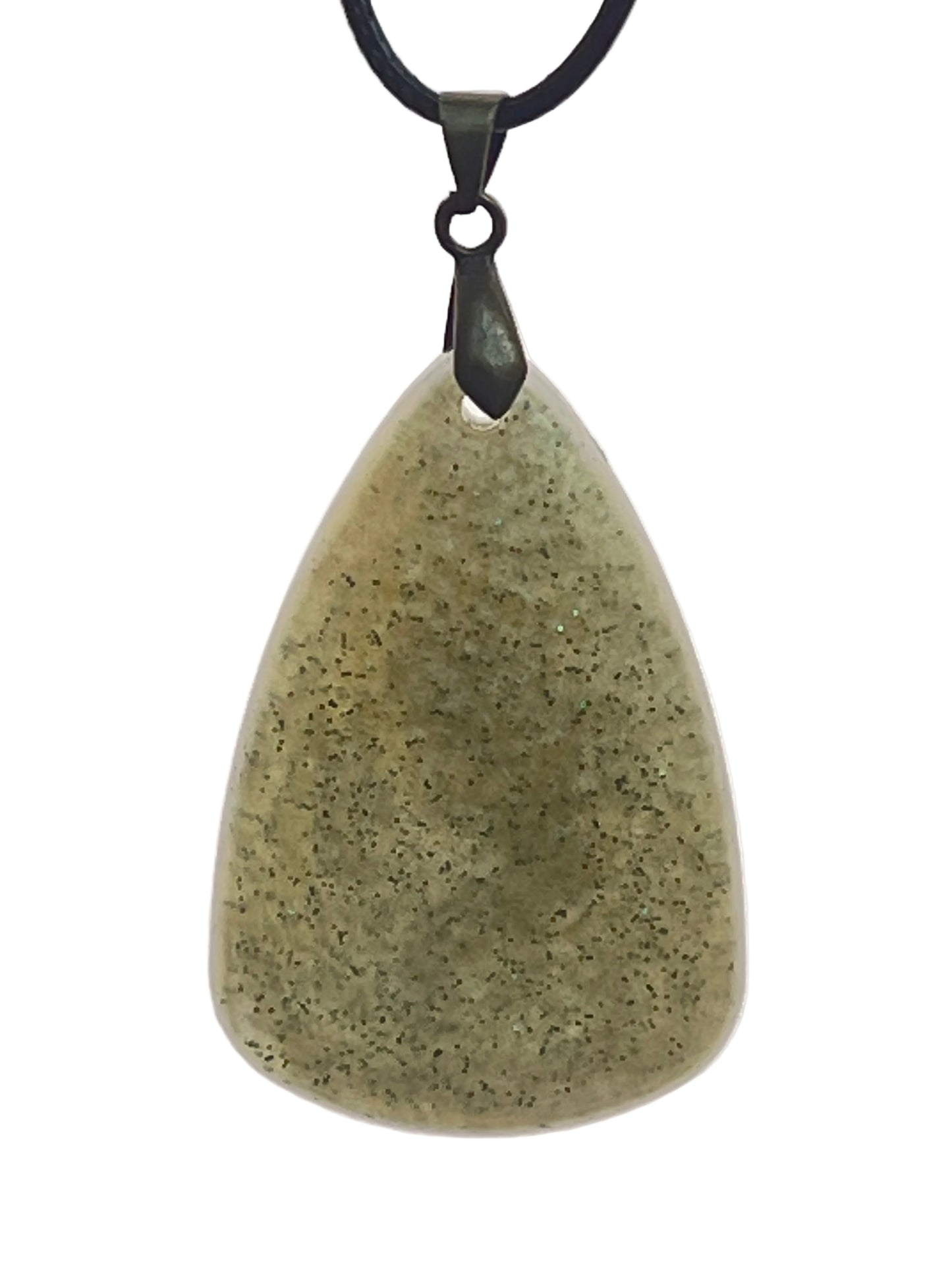 A large, organically rounded teardrop-shaped resin pendant in muted sage-olive green with fine scattered dark green glitter. It hangs from a gunmetal bail on a black braided cord against a pale background.