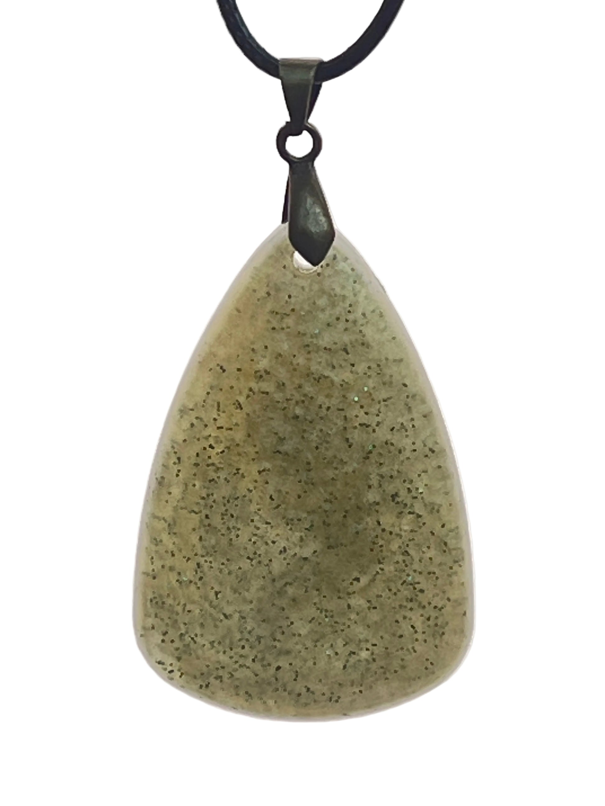 A large, organically rounded teardrop-shaped resin pendant in muted sage-olive green with fine scattered dark green glitter. It hangs from a gunmetal bail on a black braided cord against a pale background.